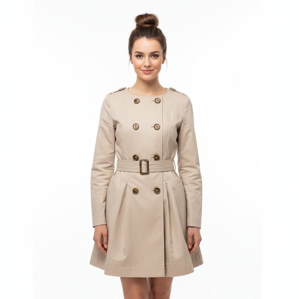 *Jill Stuart Beige Ruffle Hem Trench Coat Collarless Lightweight Cotton Blend Si